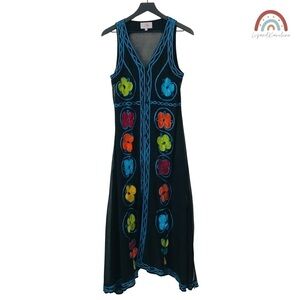 Roja Ethnic Bohemian Hand Embroidered Colorful Floral Mesh Side Slits Maxi Dress